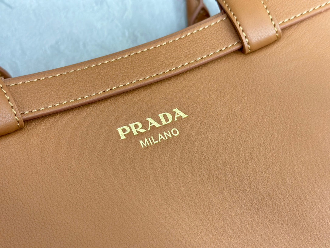 Prada 25S Buckle Medium Handbag 35 in Rk Caramel Calfskin Gold Hardwre