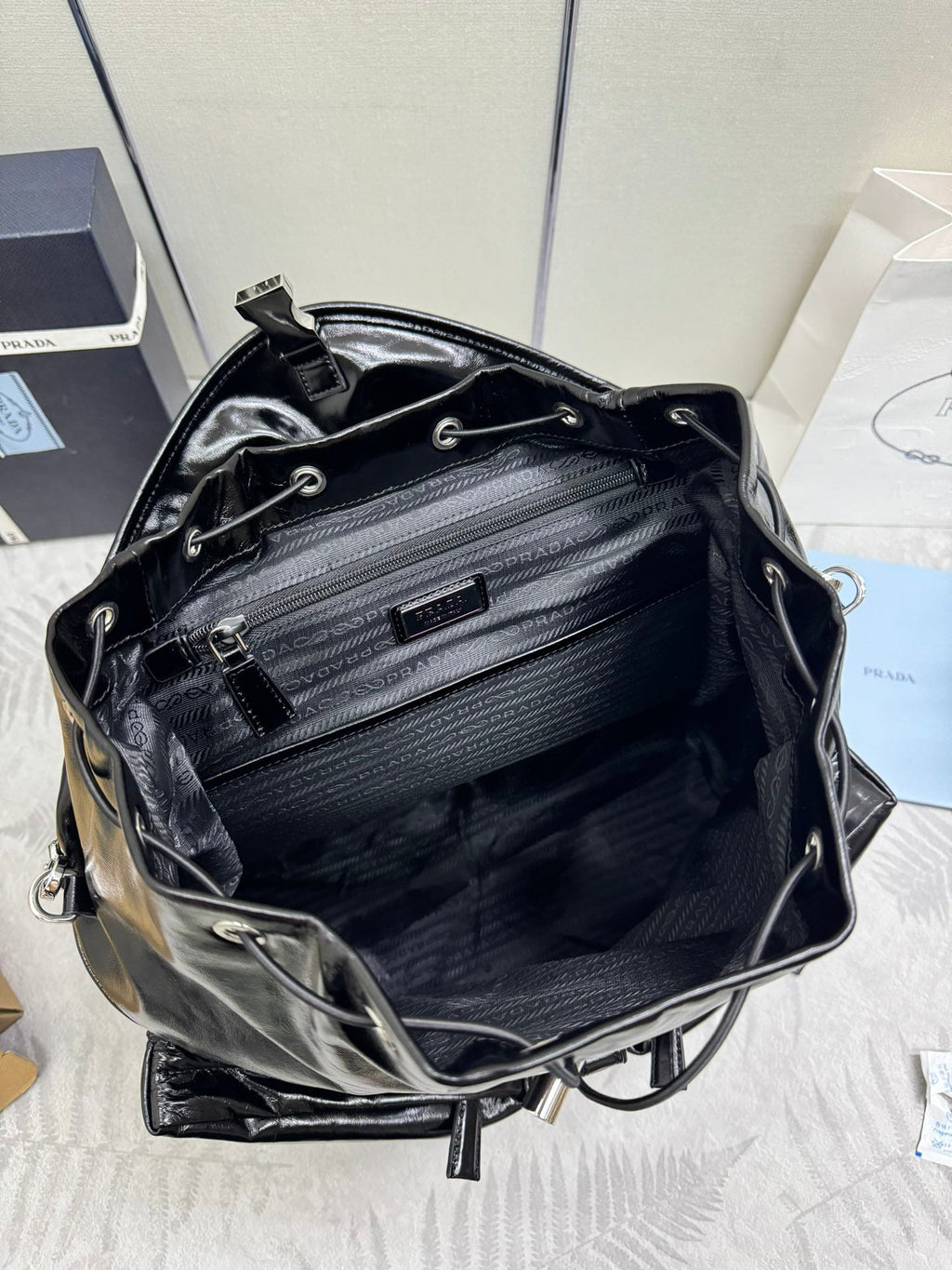 Prada 25S Backpack 45 in Black Glossy Calfskin Silver Hardwre