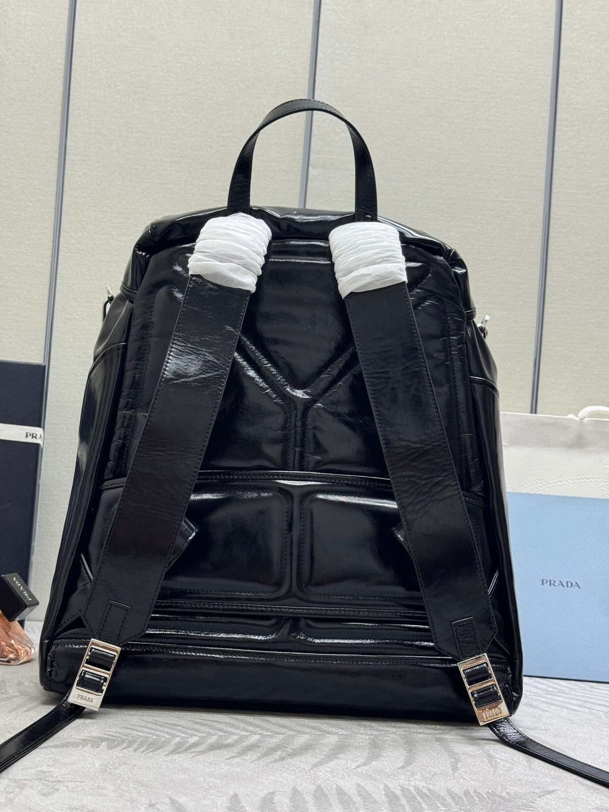 Prada 25S Backpack 45 in Black Glossy Calfskin Silver Hardwre