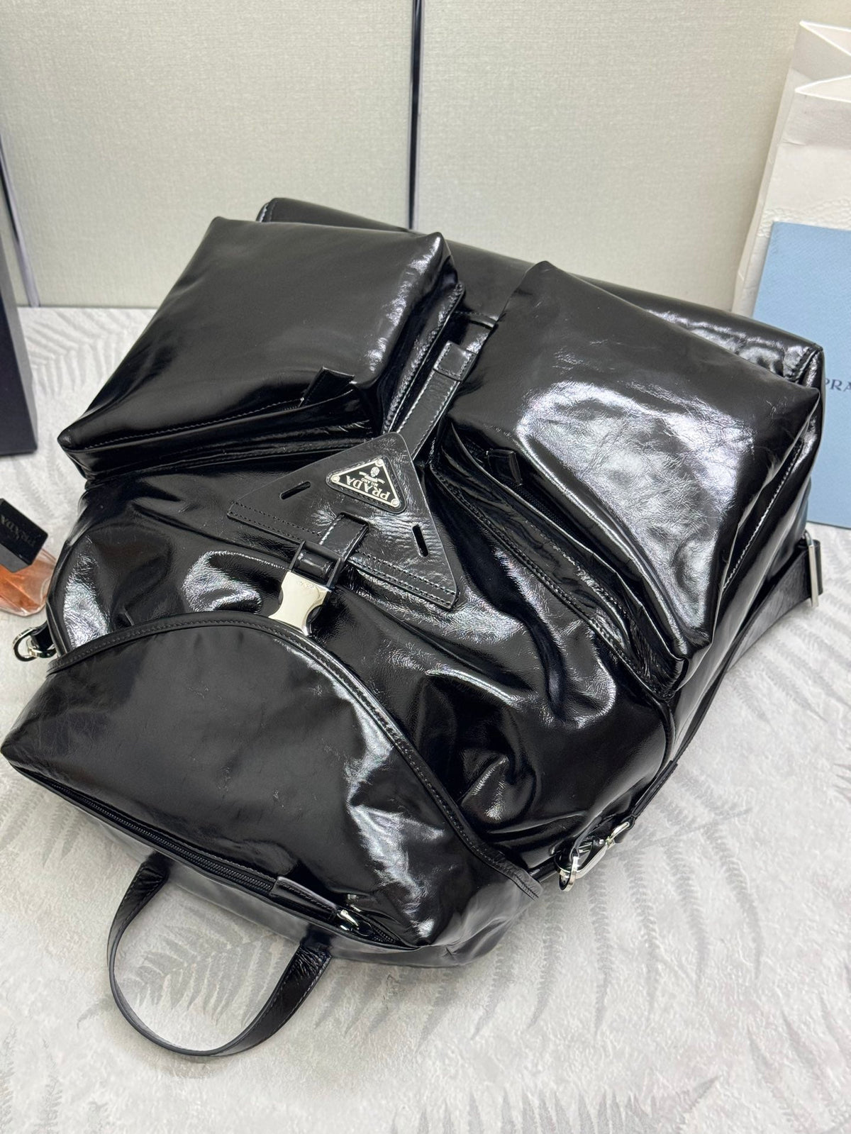 Prada 25S Backpack 45 in Black Glossy Calfskin Silver Hardwre