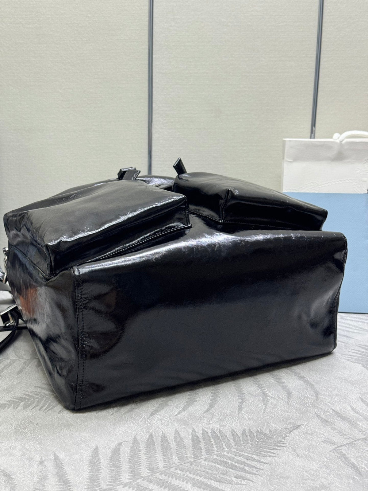 Prada 25S Backpack 45 in Black Glossy Calfskin Silver Hardwre