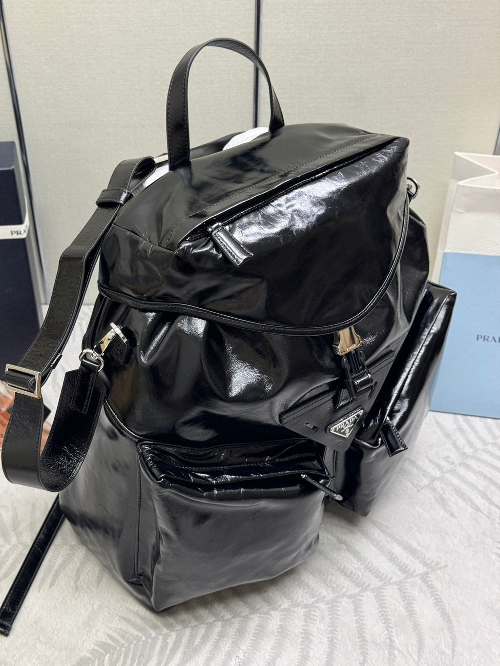 Prada 25S Backpack 45 in Black Glossy Calfskin Silver Hardwre