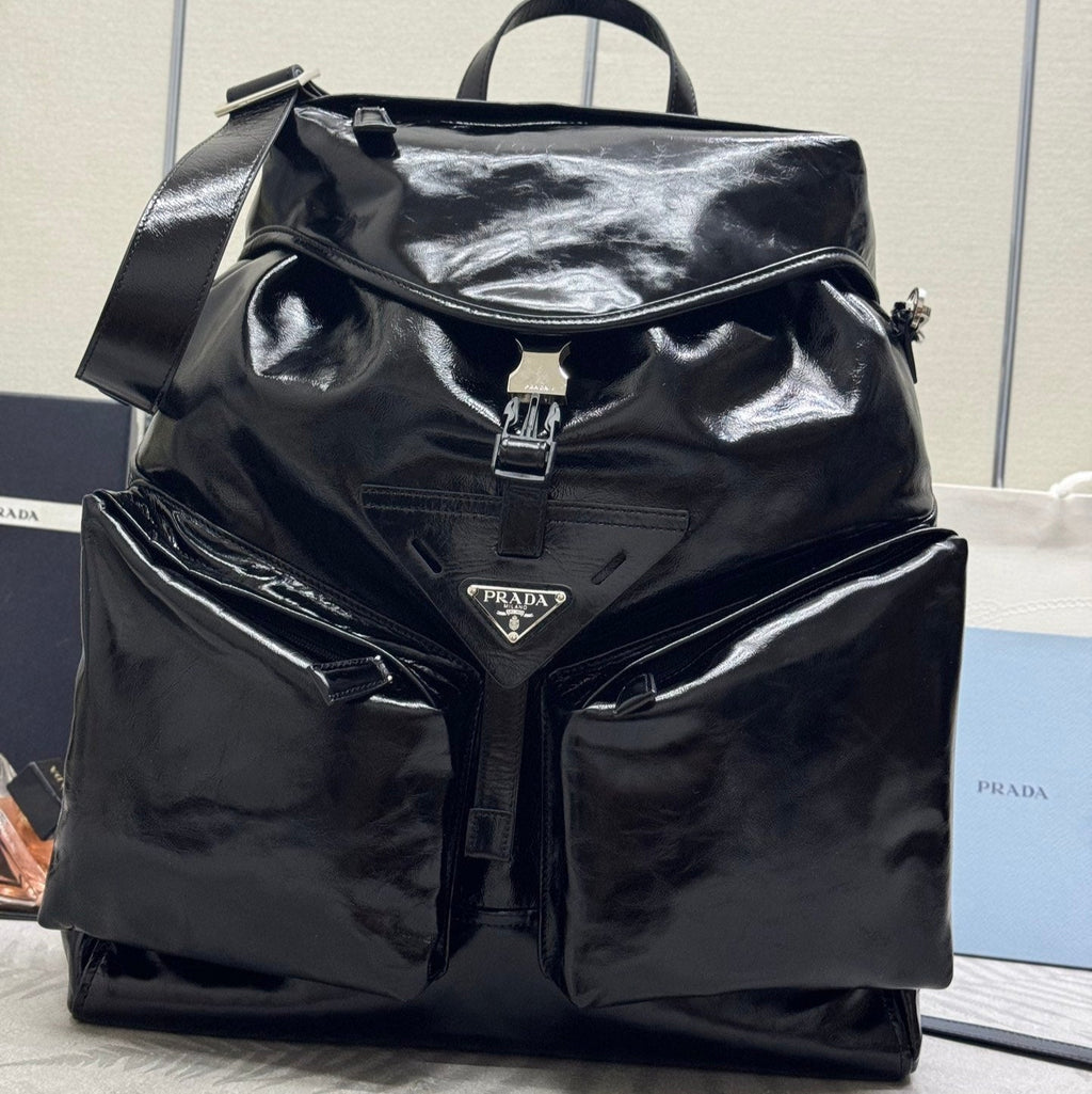 Prada 25S Backpack 45 in Black Glossy Calfskin Silver Hardwre
