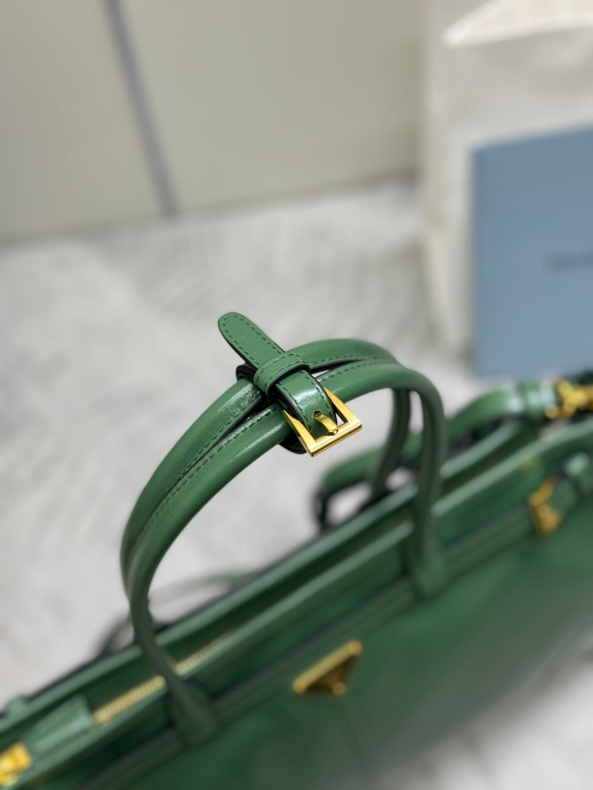 Prada 25S Bonnie Large Handbag 38 in Green Glossy Calfskin Gold Hardwre