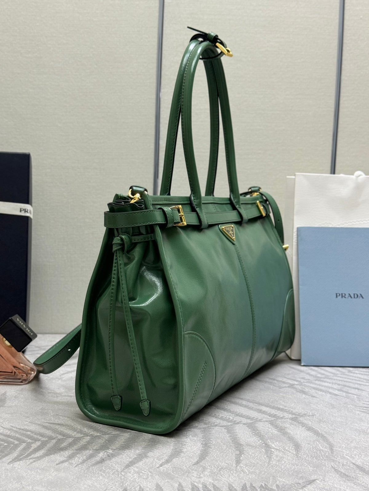 Prada 25S Bonnie Large Handbag 38 in Green Glossy Calfskin Gold Hardwre