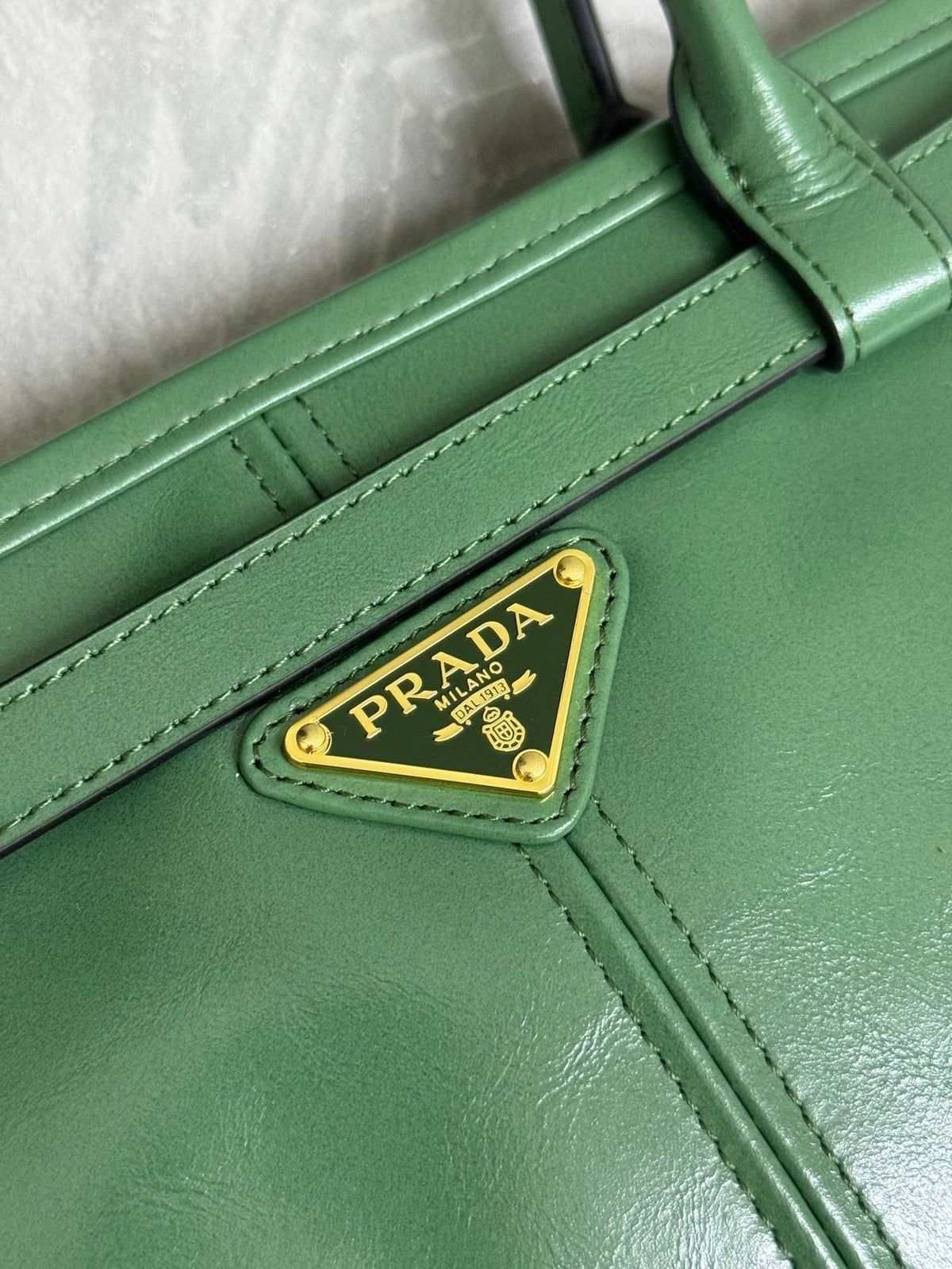 Prada 25S Bonnie Large Handbag 38 in Green Glossy Calfskin Gold Hardwre