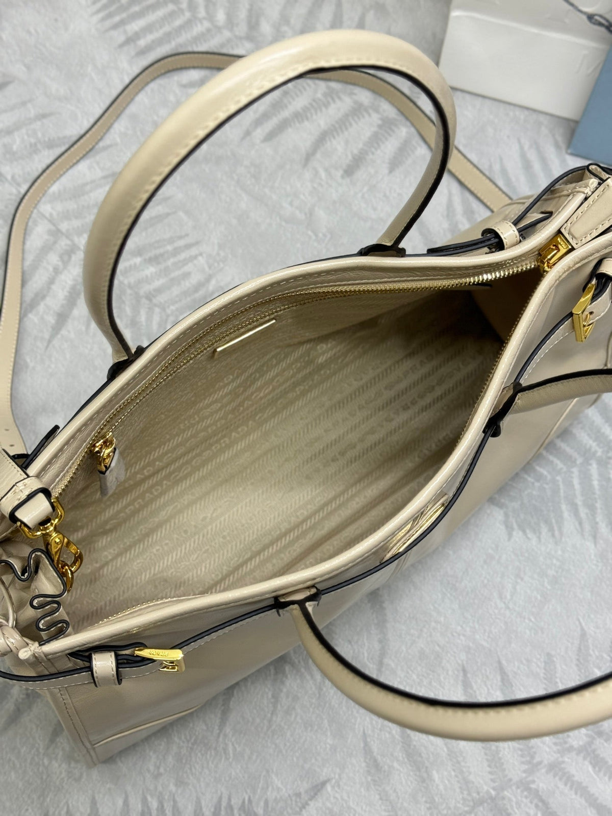 Prada 25S Bonnie Large Handbag 38 in Beige Calfskin Gold Hardwre