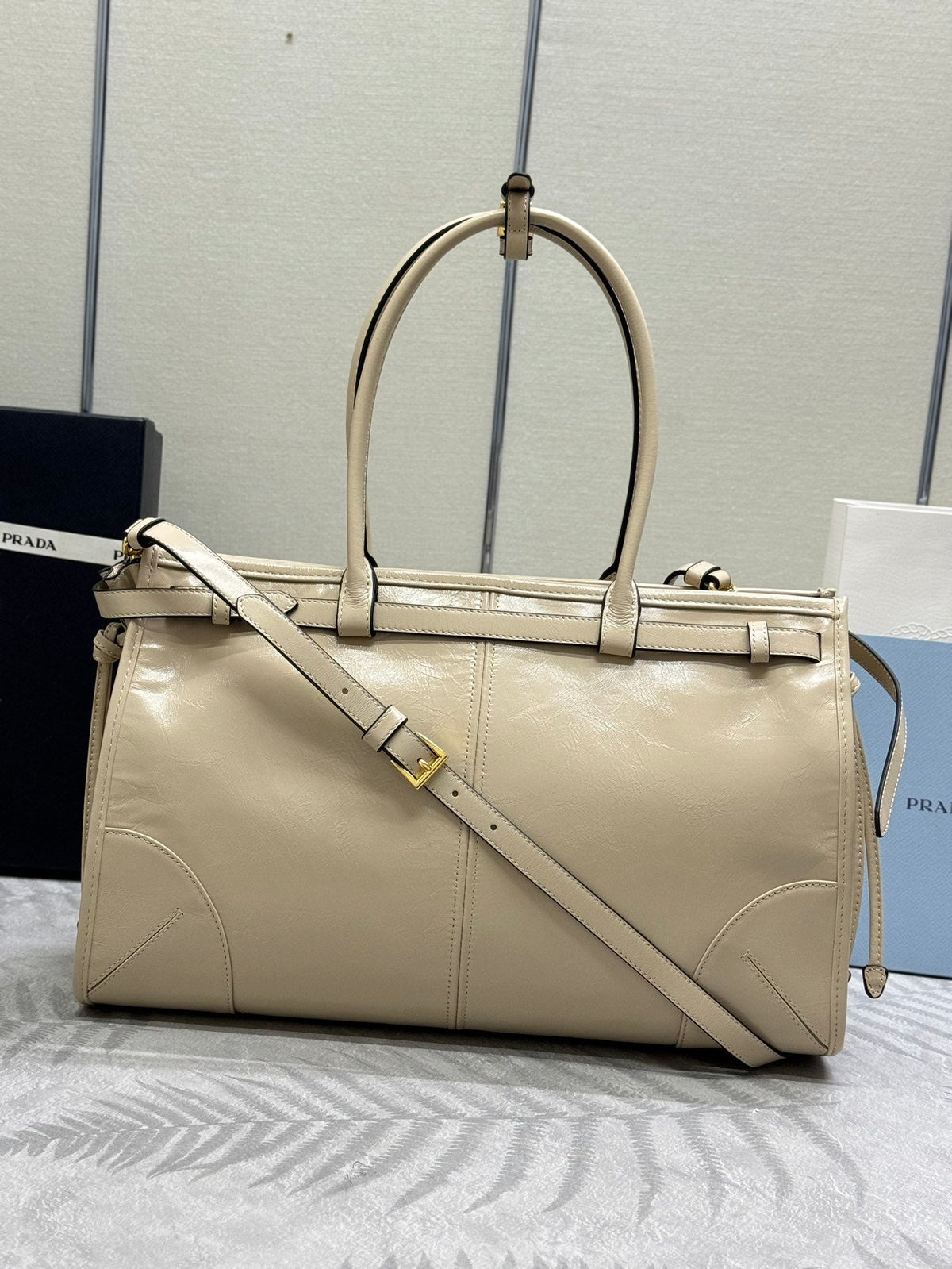 Prada 25S Bonnie Large Handbag 38 in Beige Calfskin Gold Hardwre