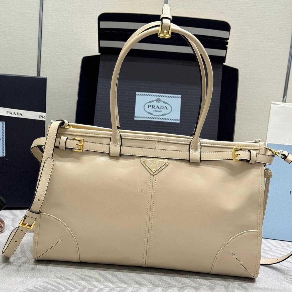 Prada 25S Bonnie Large Handbag 38 in Beige Calfskin Gold Hardwre