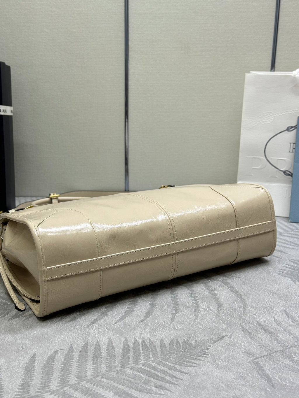 Prada 25S Bonnie Large Handbag 38 in Beige Calfskin Gold Hardwre