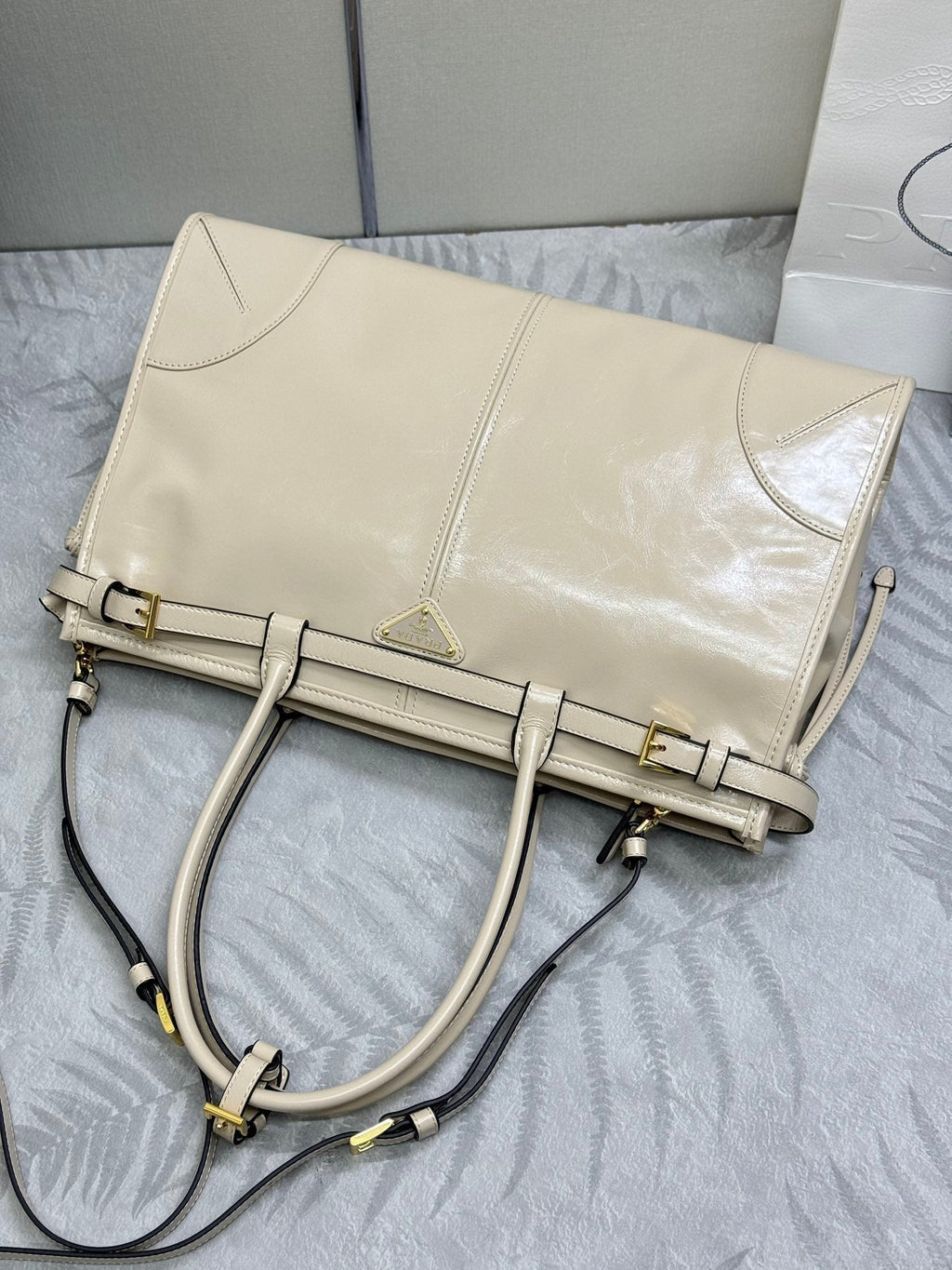 Prada 25S Bonnie Large Handbag 38 in Beige Calfskin Gold Hardwre