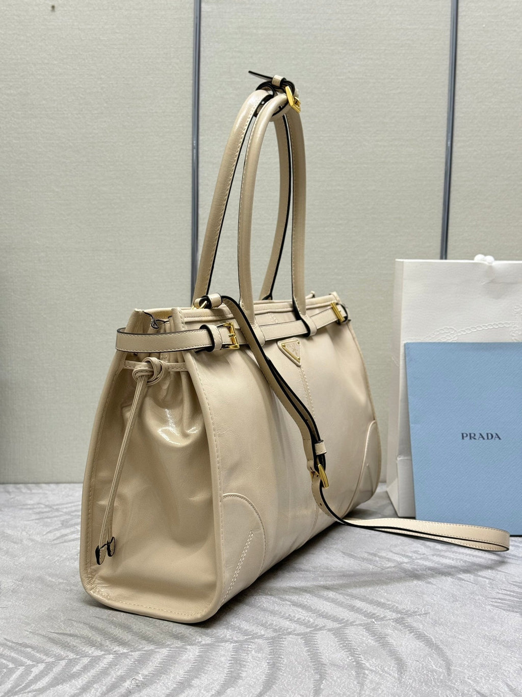 Prada 25S Bonnie Large Handbag 38 in Beige Calfskin Gold Hardwre