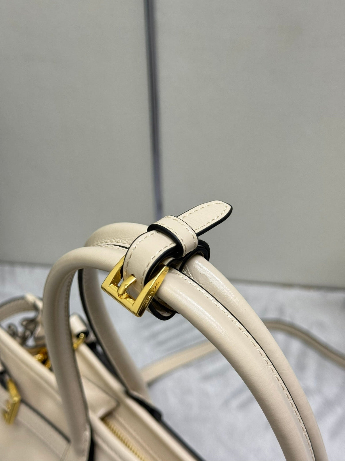 Prada 25S Bonnie Large Handbag 38 in Beige Calfskin Gold Hardwre