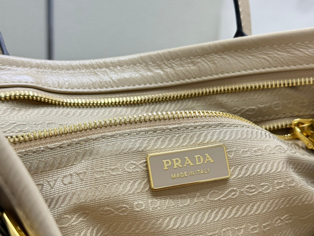 Prada 25S Bonnie Large Handbag 38 in Beige Calfskin Gold Hardwre