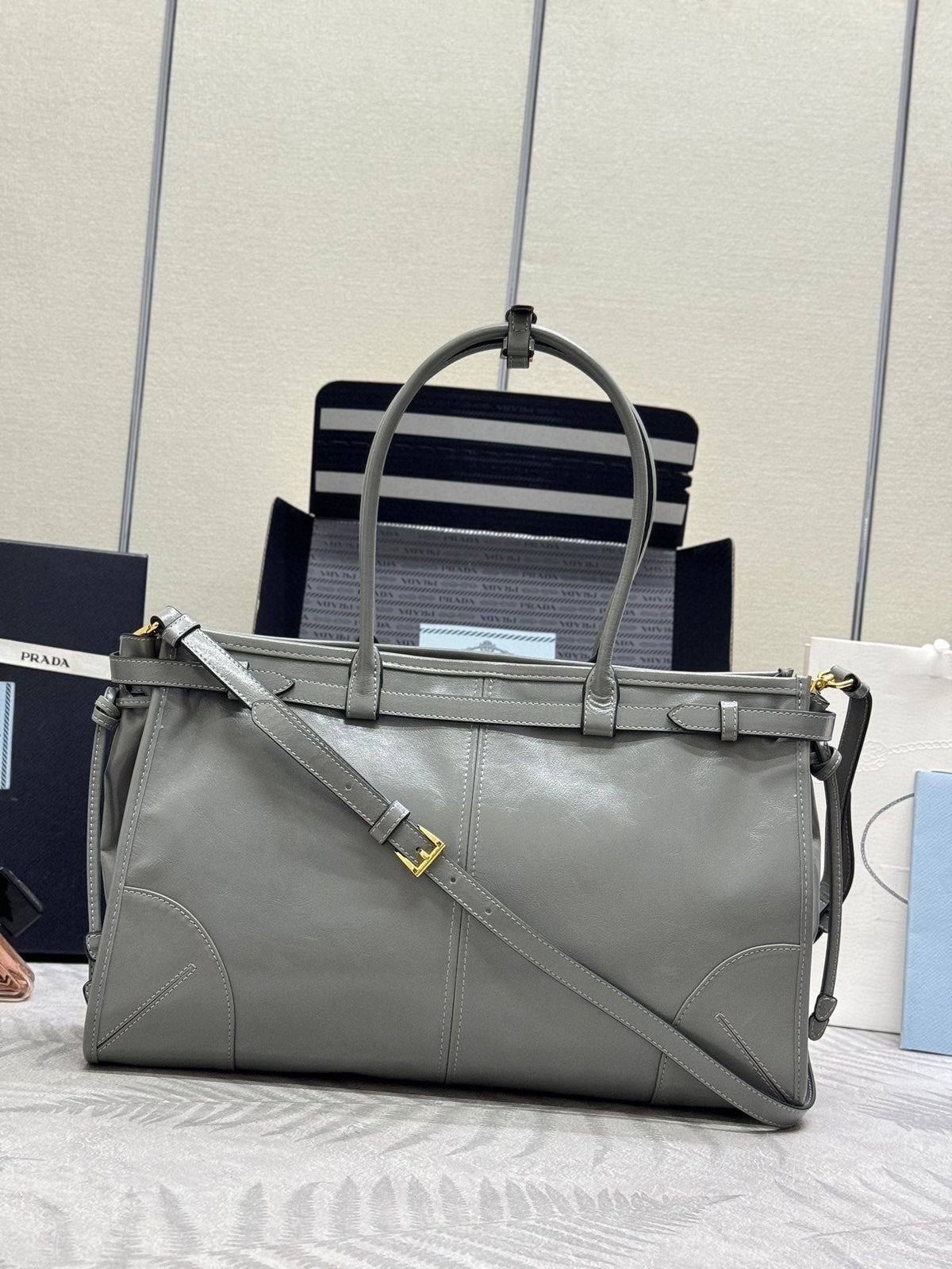 Prada 25S Bonnie Large Handbag 38 in Gray Glossy Calfskin Gold Hardwre