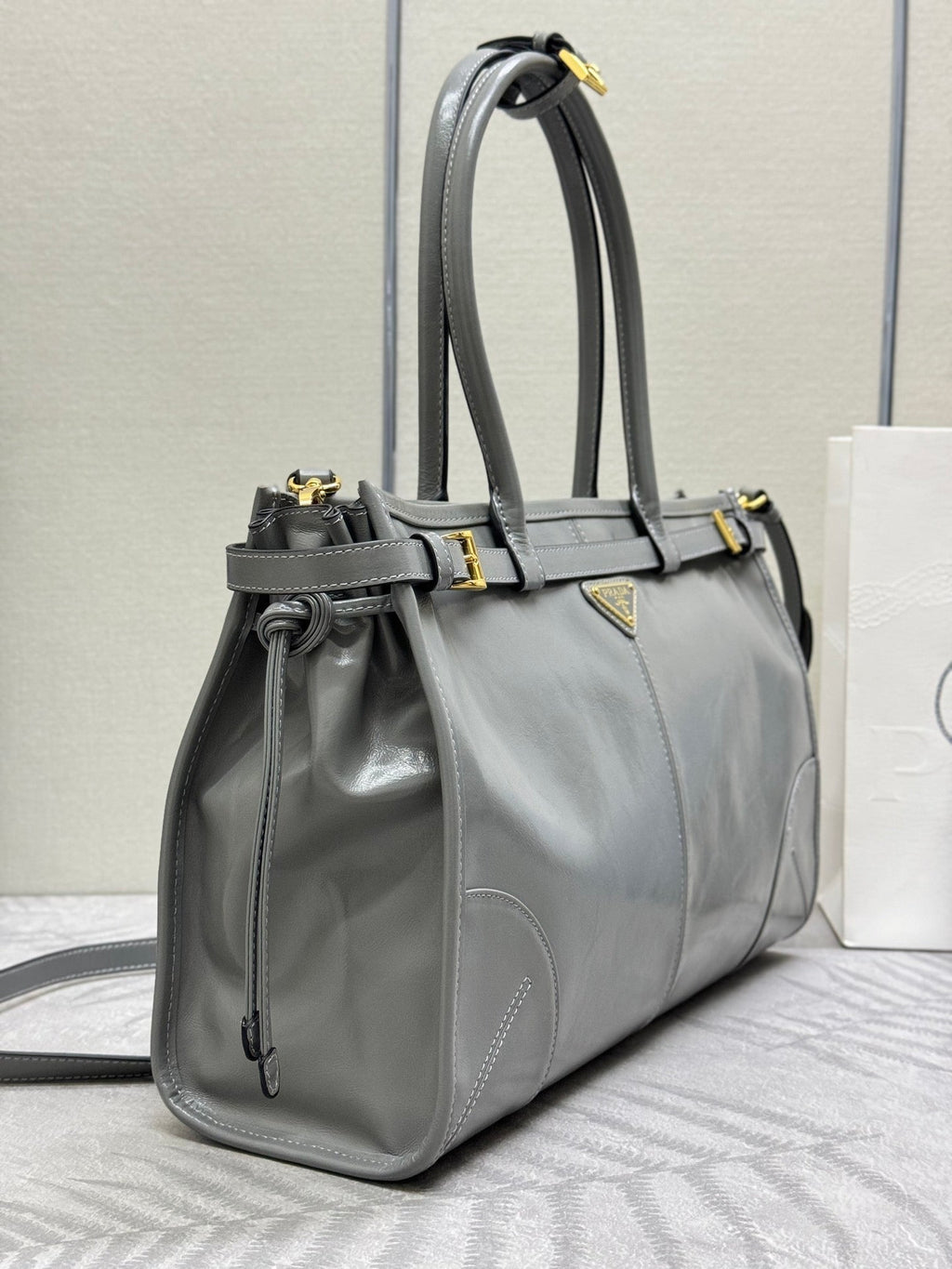 Prada 25S Bonnie Large Handbag 38 in Gray Glossy Calfskin Gold Hardwre