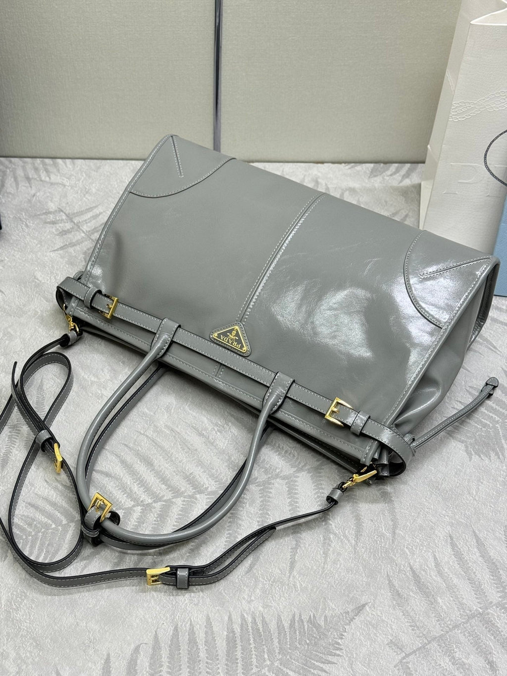 Prada 25S Bonnie Large Handbag 38 in Gray Glossy Calfskin Gold Hardwre