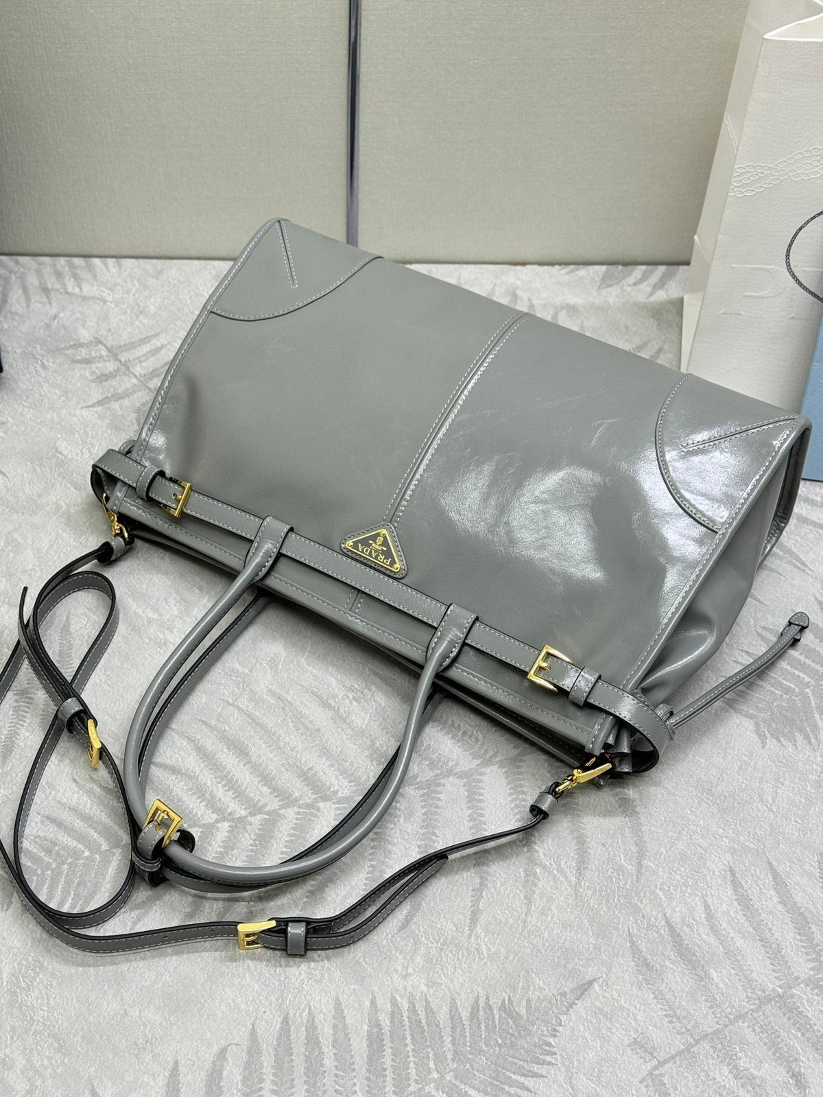 Prada 25S Bonnie Large Handbag 38 in Gray Glossy Calfskin Gold Hardwre