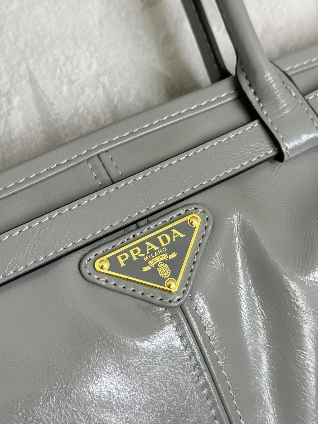Prada 25S Bonnie Large Handbag 38 in Gray Glossy Calfskin Gold Hardwre