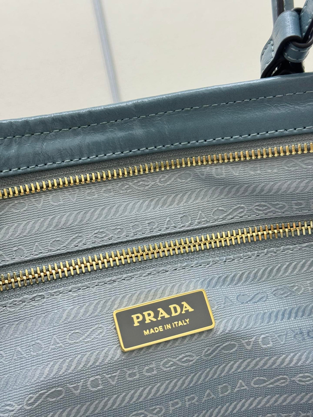 Prada 25S Lux Soft Bag 42 in Blue Glossy Calfskin Gold Hardwre