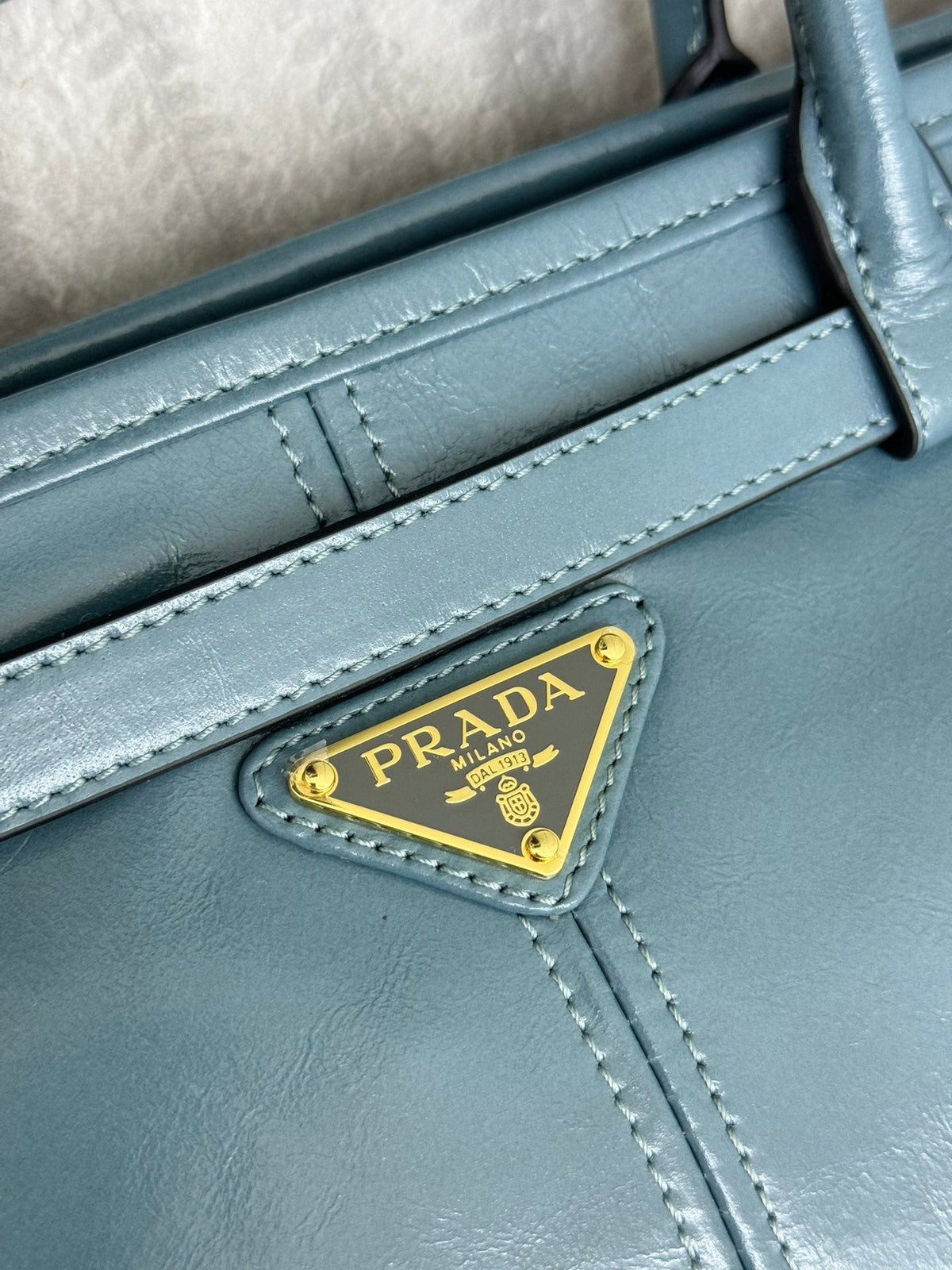 Prada 25S Lux Soft Bag 42 in Blue Glossy Calfskin Gold Hardwre