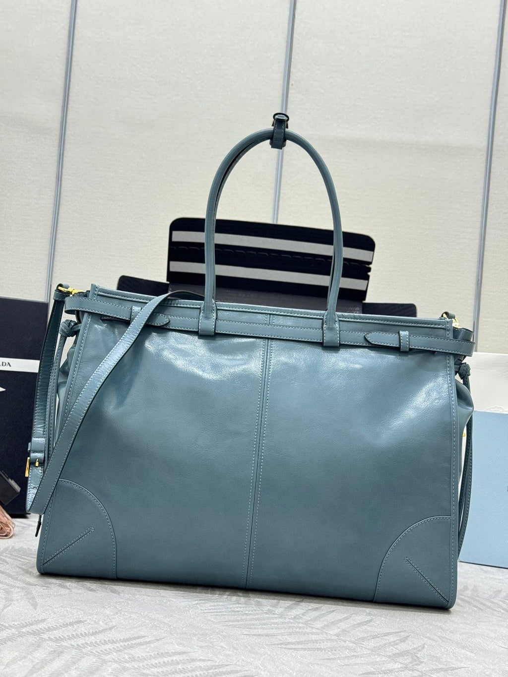 Prada 25S Lux Soft Bag 42 in Blue Glossy Calfskin Gold Hardwre