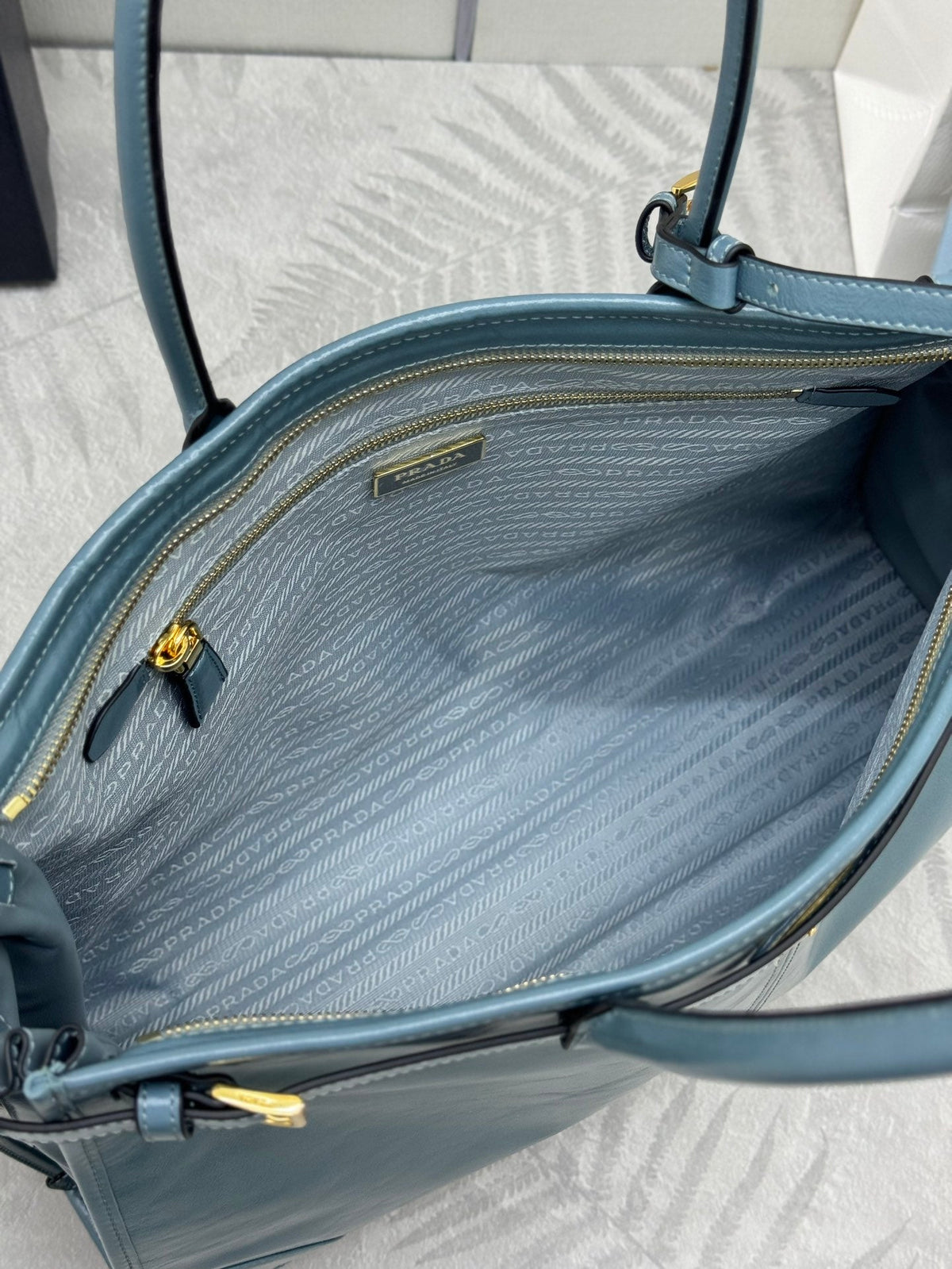 Prada 25S Lux Soft Bag 42 in Blue Glossy Calfskin Gold Hardwre