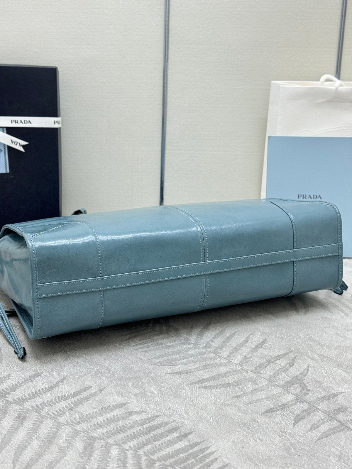 Prada 25S Lux Soft Bag 42 in Blue Glossy Calfskin Gold Hardwre