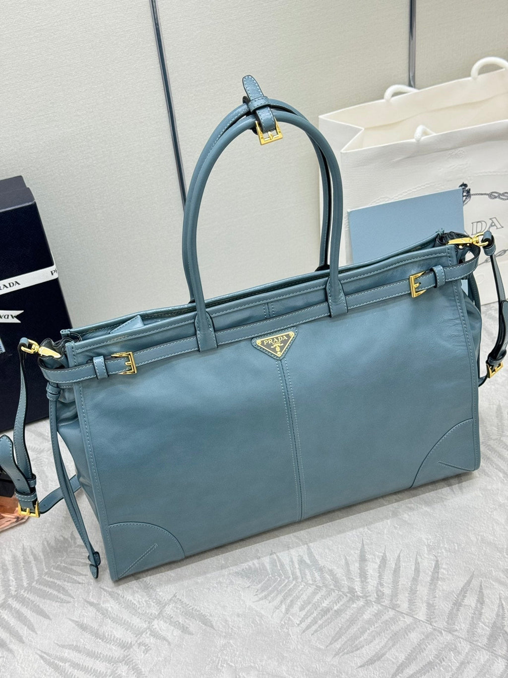 Prada 25S Lux Soft Bag 42 in Blue Glossy Calfskin Gold Hardwre