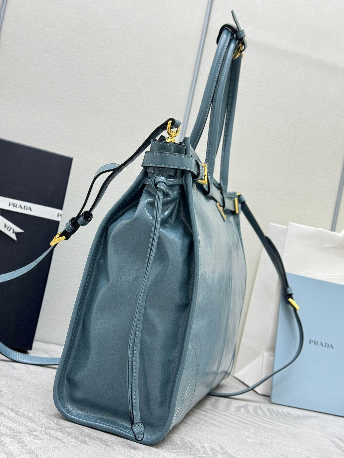 Prada 25S Lux Soft Bag 42 in Blue Glossy Calfskin Gold Hardwre