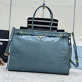 Prada 25S Lux Soft Bag 42 in Blue Glossy Calfskin Gold Hardwre