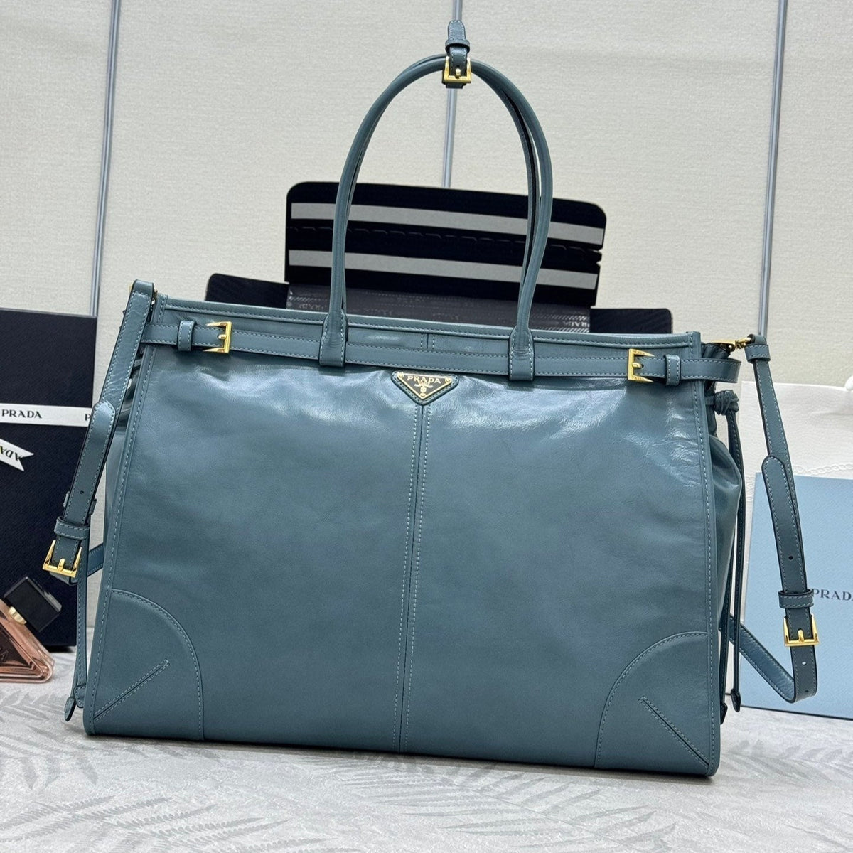 Prada 25S Lux Soft Bag 42 in Blue Glossy Calfskin Gold Hardwre