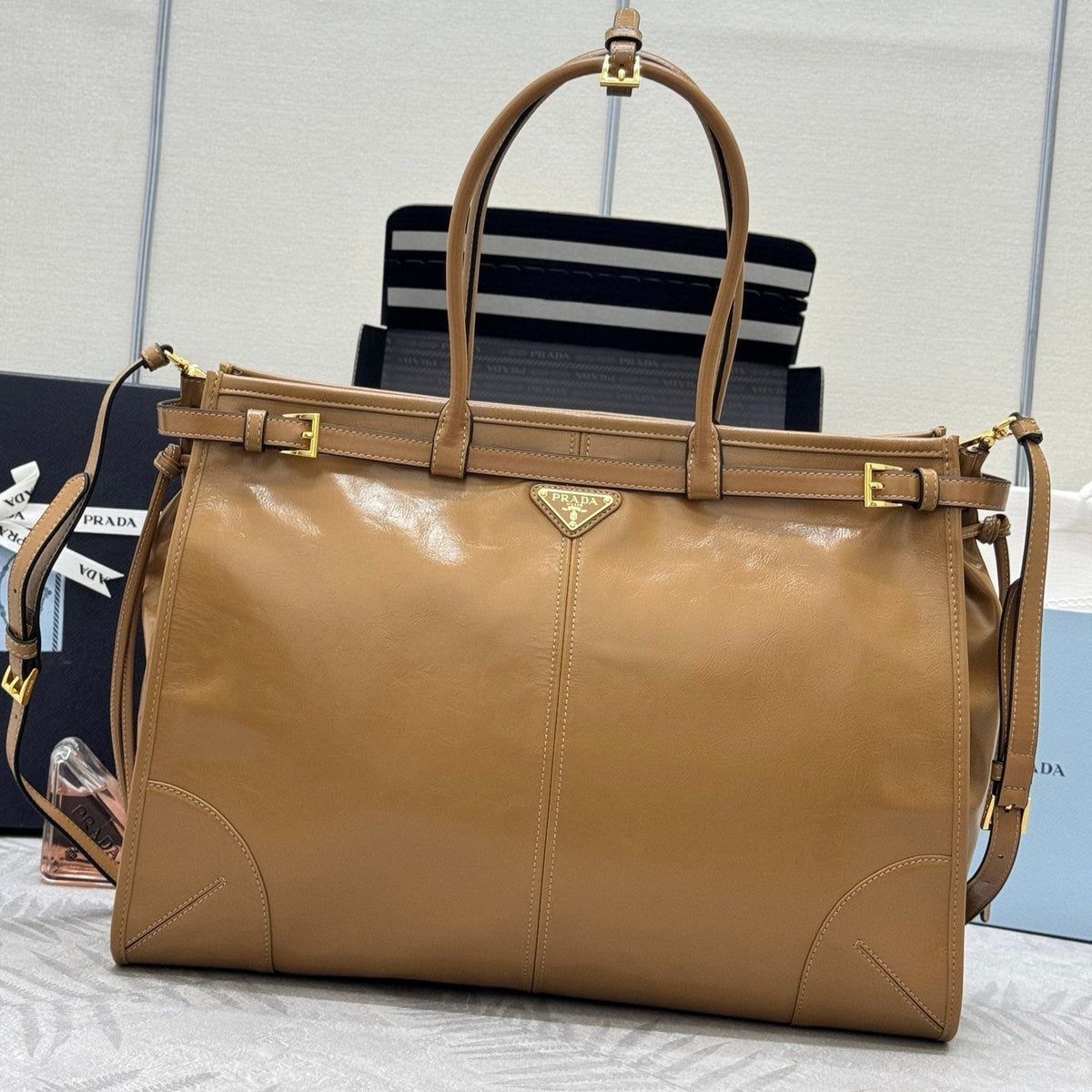 Prada 25S Lux Soft Bag 42 in Caramel Glossy Calfskin Gold Hardwre