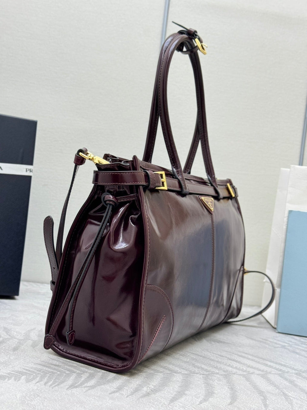 Prada 25S Bonnie Large Handbag 38 in Burgundy Glossy Calfskin Gold Hardwre