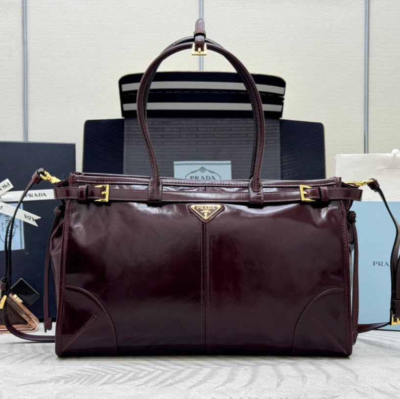 Prada 25S Bonnie Large Handbag 38 in Burgundy Glossy Calfskin Gold Hardwre