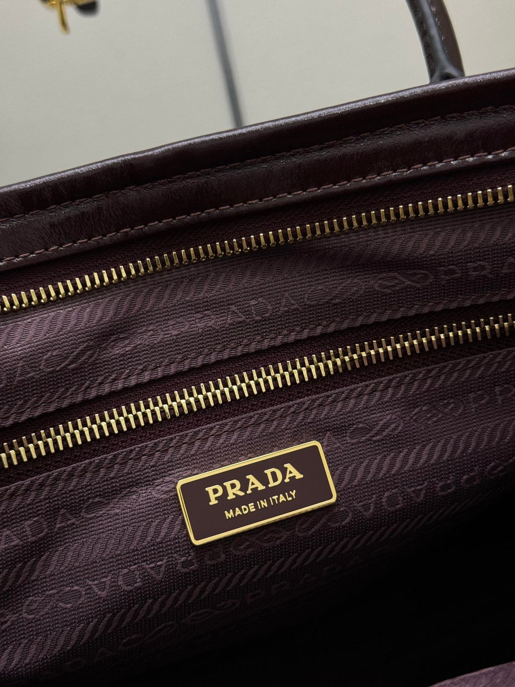 Prada 25S Bonnie Large Handbag 38 in Burgundy Glossy Calfskin Gold Hardwre