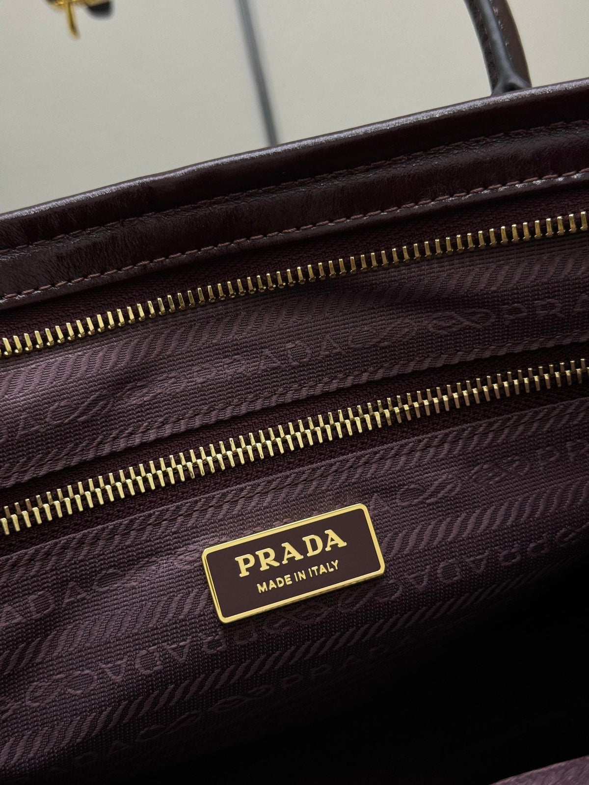 Prada 25S Bonnie Large Handbag 38 in Burgundy Glossy Calfskin Gold Hardwre