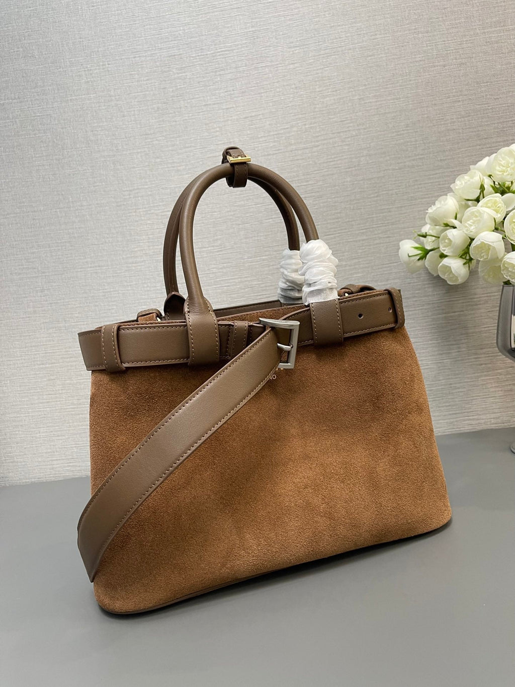 Prada Small Tote Bag with Belt 32 in Russet Brown Suede