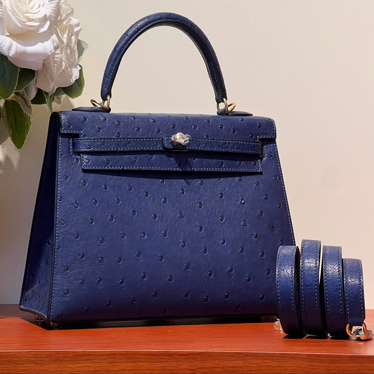 Hermes Kelly Sellier 25 Bag in Navy Blue Ostrich Leather with Gold Hardware