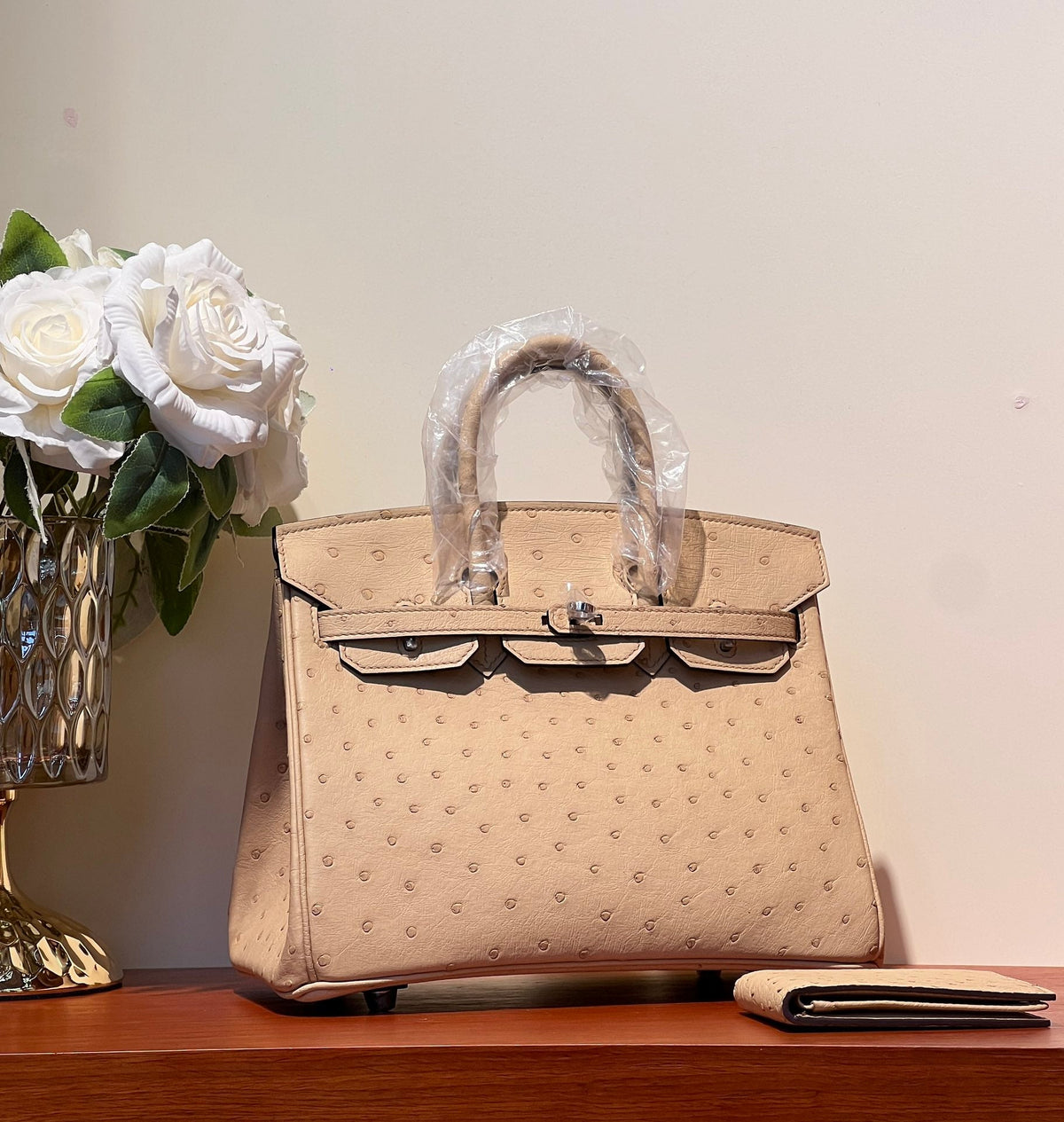 Hermes Kelly Sellier 25 Bag in Camel Beige Ostrich Leather with Silver Hardware