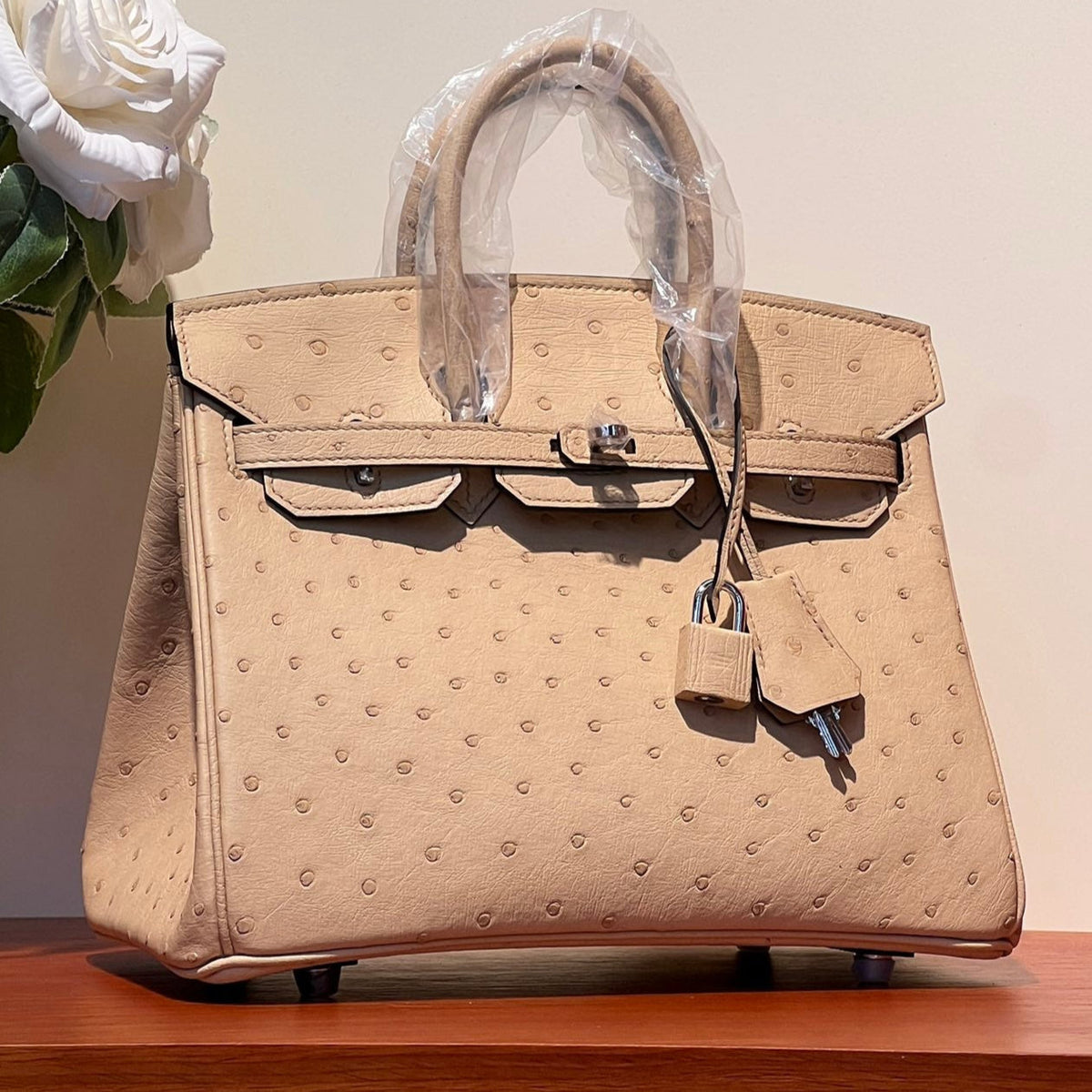 Hermes Kelly Sellier 25 Bag in Camel Beige Ostrich Leather with Silver Hardware