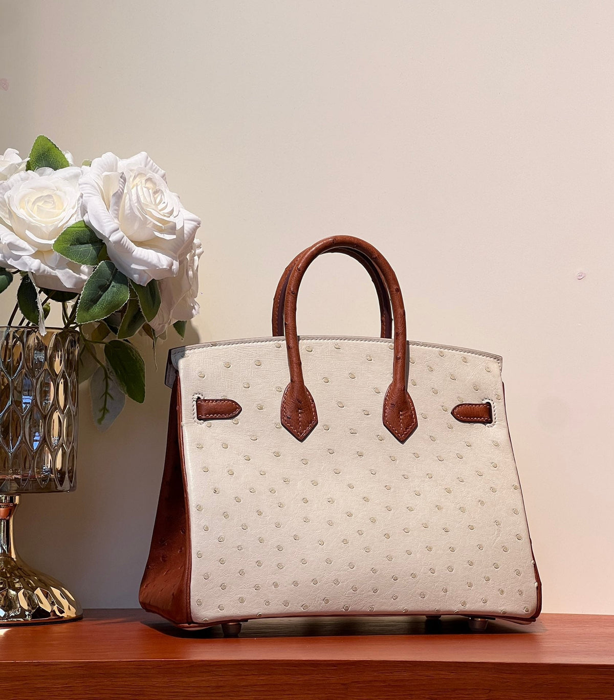 Hermes Kelly Sellier 25 Bag in White Mix Red Brown Ostrich Leather