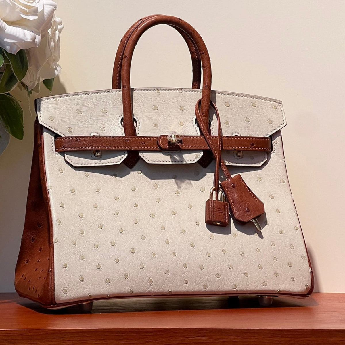 Hermes Kelly Sellier 25 Bag in White Mix Red Brown Ostrich Leather