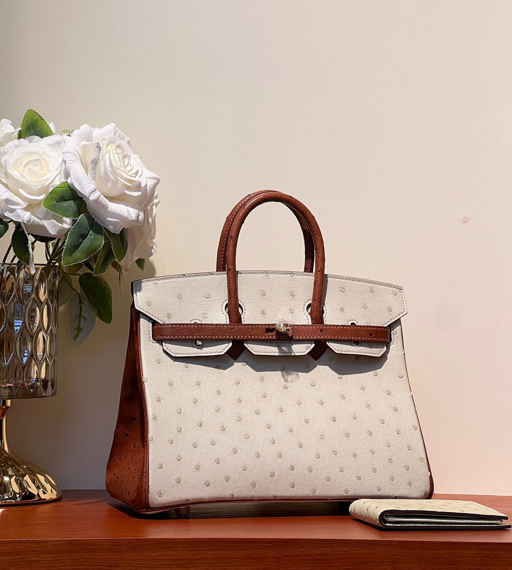 Hermes Kelly Sellier 25 Bag in White Mix Red Brown Ostrich Leather