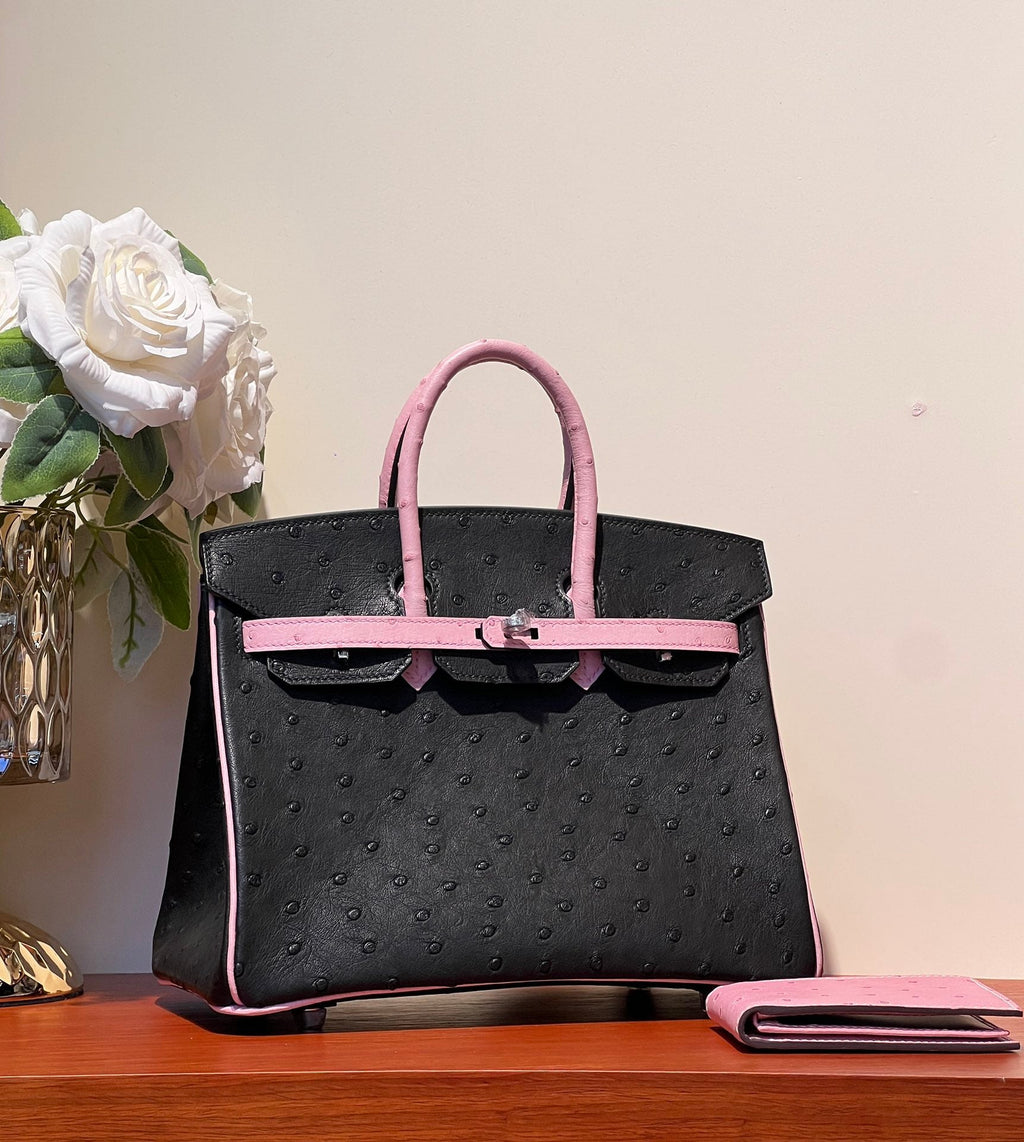 Hermes Kelly Sellier 25 Bag in Black Mix Baby Pink Ostrich Leather