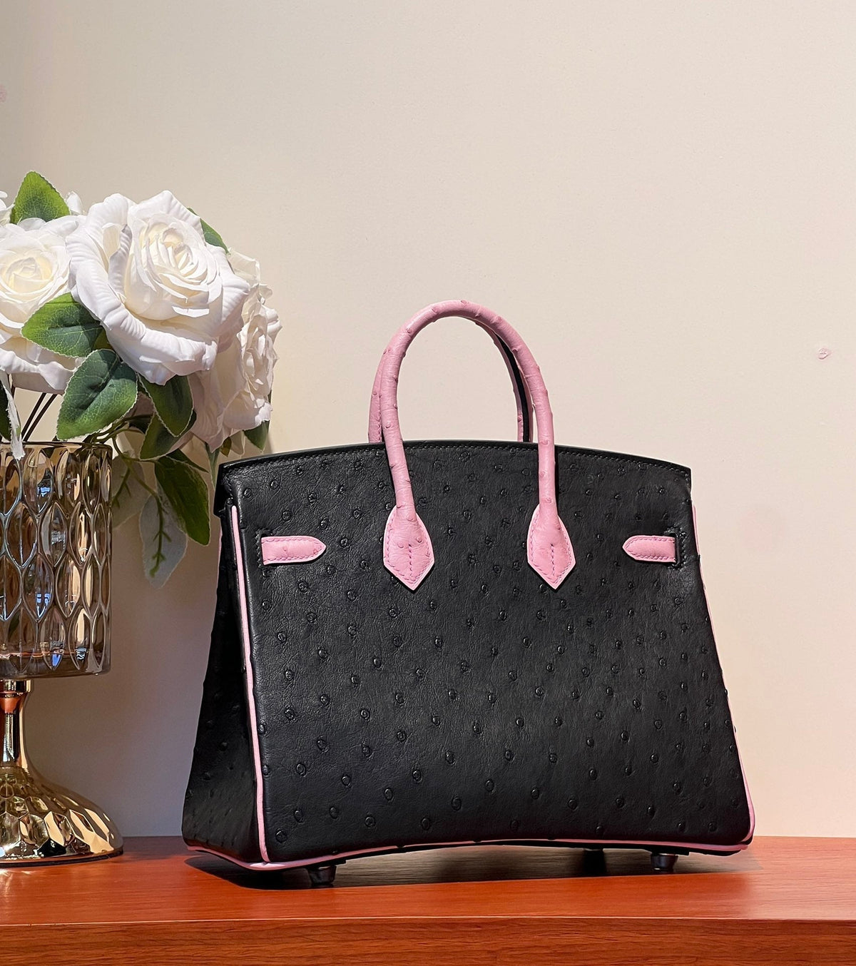 Hermes Kelly Sellier 25 Bag in Black Mix Baby Pink Ostrich Leather