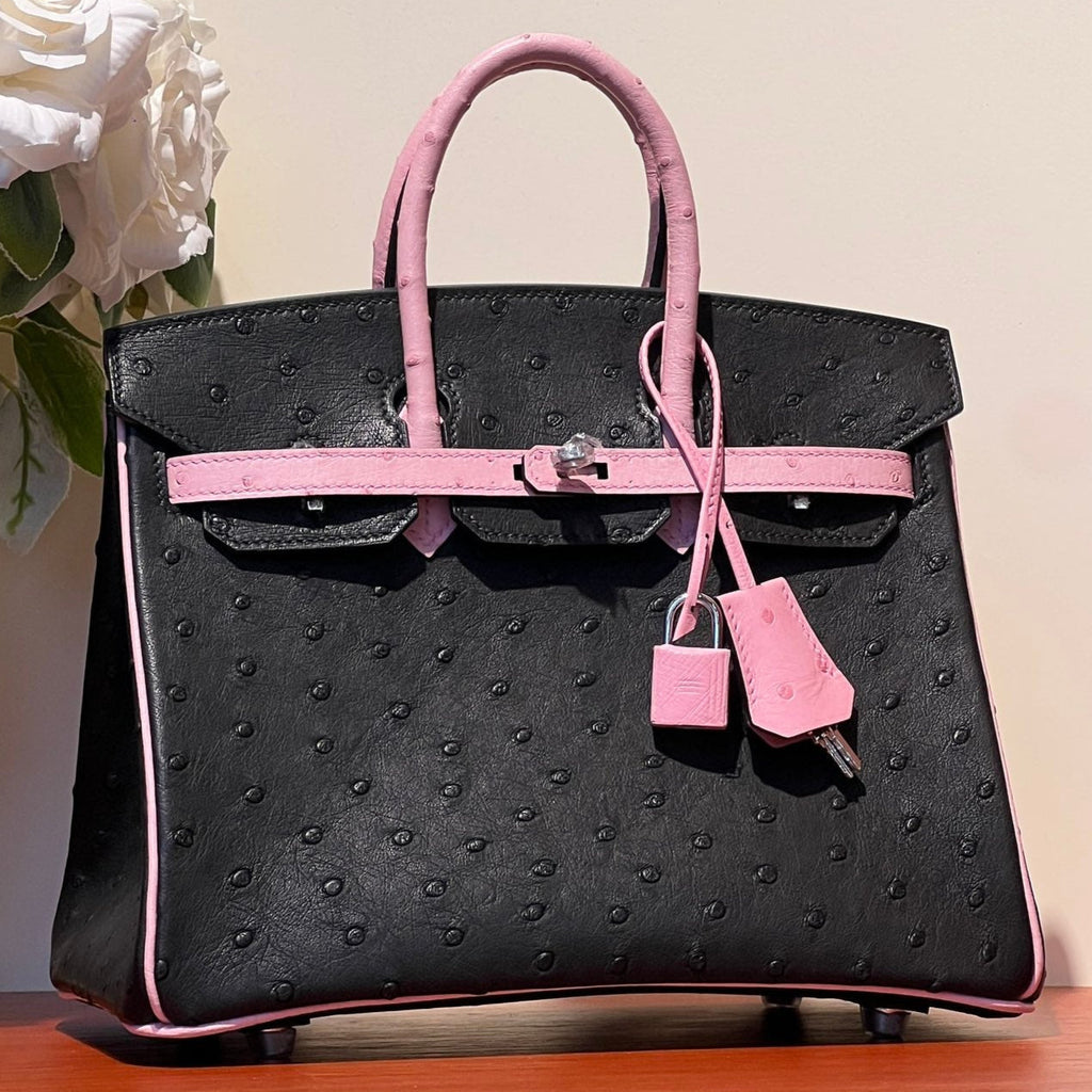 Hermes Kelly Sellier 25 Bag in Black Mix Baby Pink Ostrich Leather