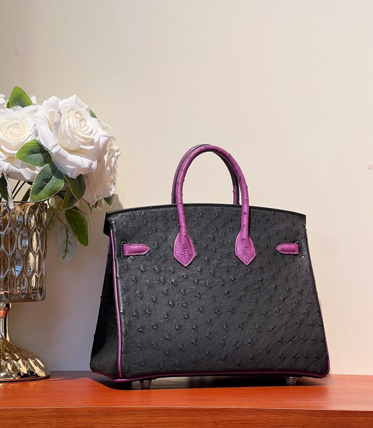 Hermes Kelly Sellier 25 Bag in Black Mix Orchid Purple Ostrich Leather