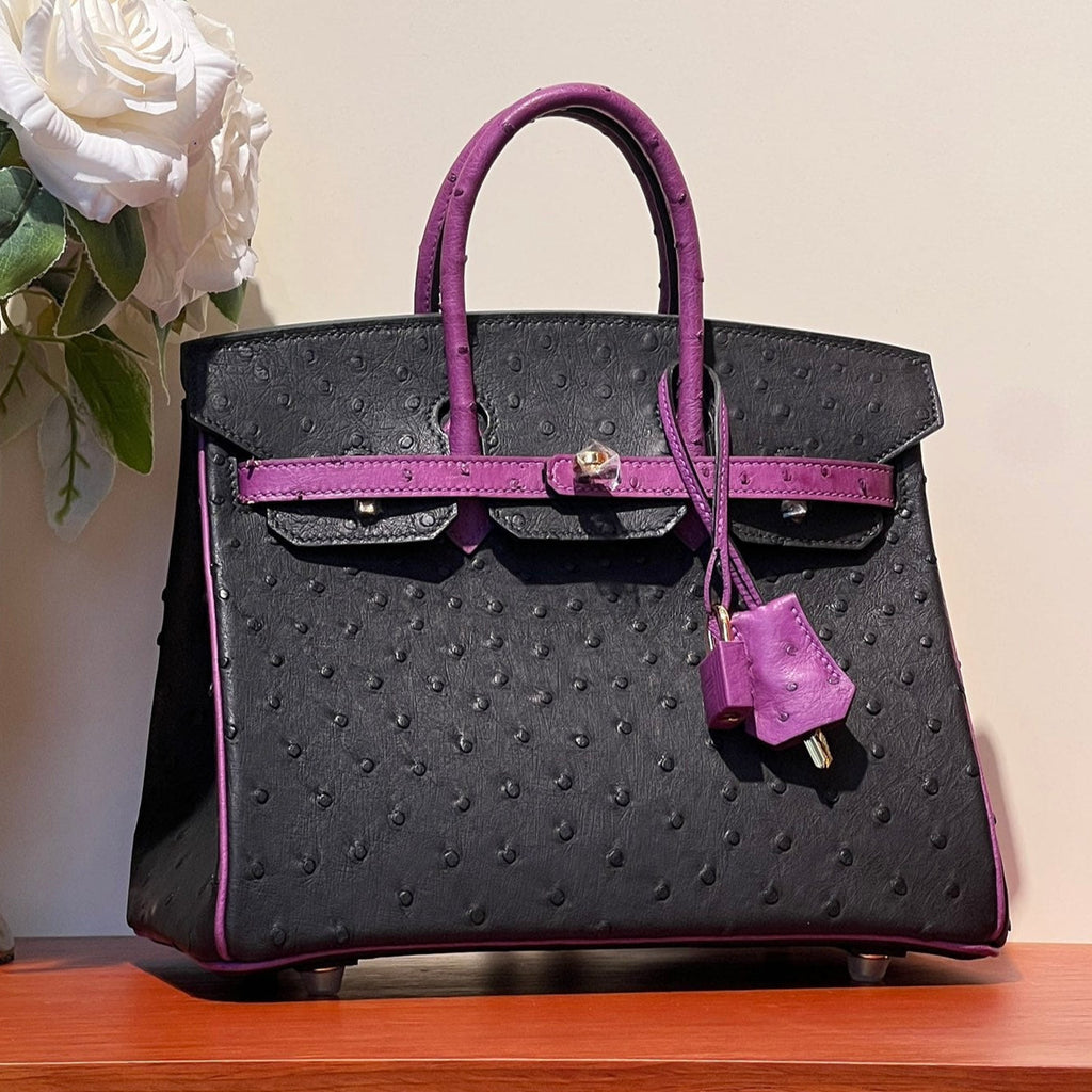 Hermes Kelly Sellier 25 Bag in Black Mix Orchid Purple Ostrich Leather