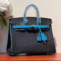 Hermes Kelly Sellier 25 Bag in Black Mix Ocean Blue Ostrich Leather